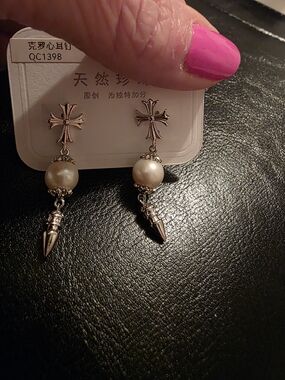 Silver Cross Pearl Drop Earrings - White Pearl